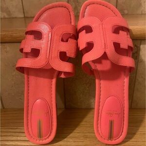 Sam Edelman Bay Sandal Womens Sz 8.5 Flat Slide Calypso Coral Lizard Print Pink